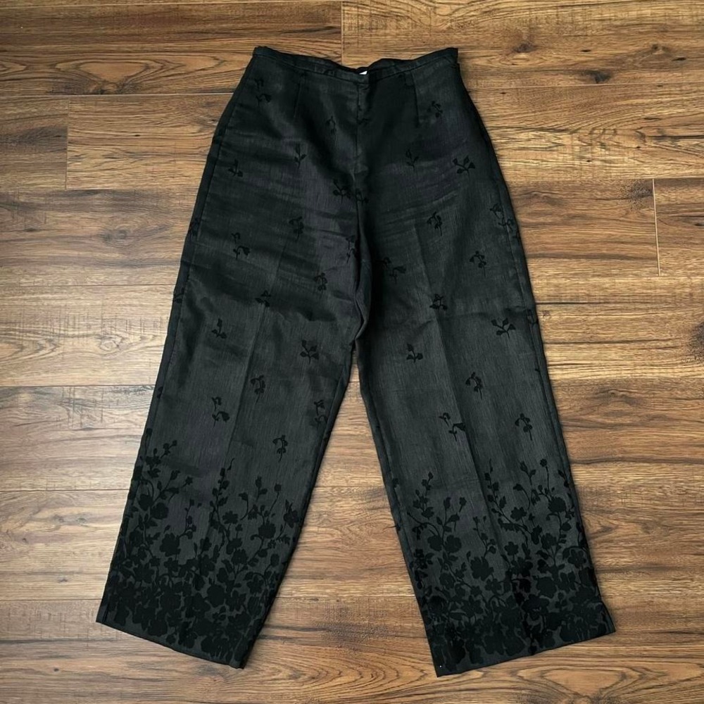 Vintage Black Floral Wide Leg Pants Linen Blend Women 6 Whimsygoth Fairy Boho